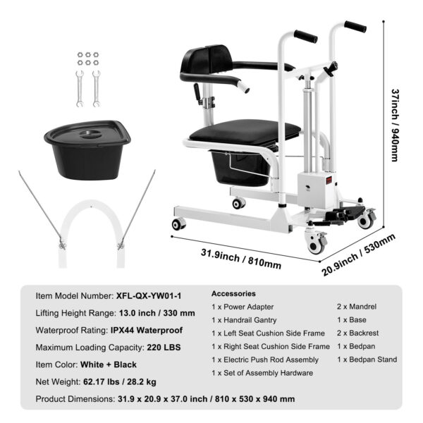 Electric Patient Lift Transfer Chair with 180° Split Seat, Adjustable Wheelchair