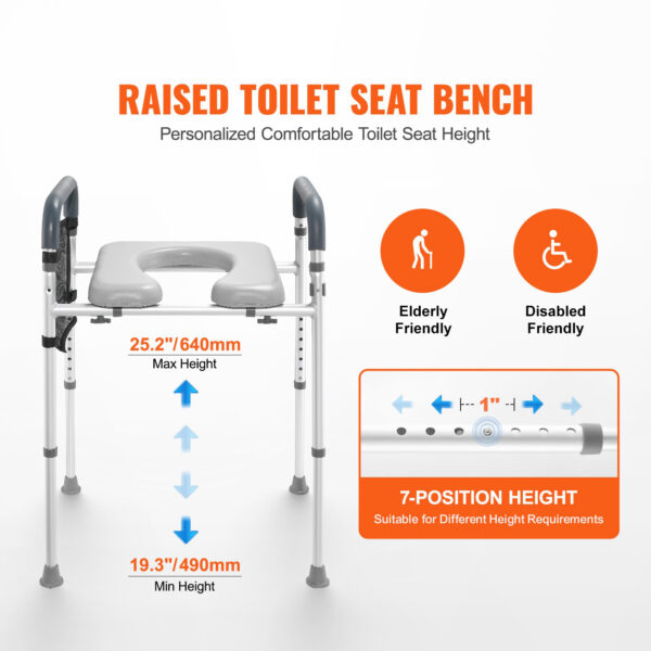 Raised Toilet Seat, Adjustable 350lbs Capacity, Padded Frame for Elderly, Handicap & Pregnant Users