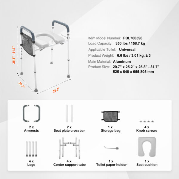 Raised Toilet Seat, Adjustable 350lbs Capacity, Padded Frame for Elderly, Handicap & Pregnant Users