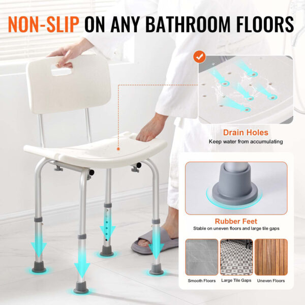 Adjustable Shower Seat with Back, Non-slip Bath Stool for Elderly, 350 lbs Capacity