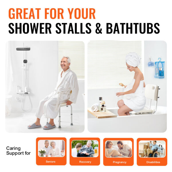 Adjustable Shower Seat with Back, Non-slip Bath Stool for Elderly, 350 lbs Capacity